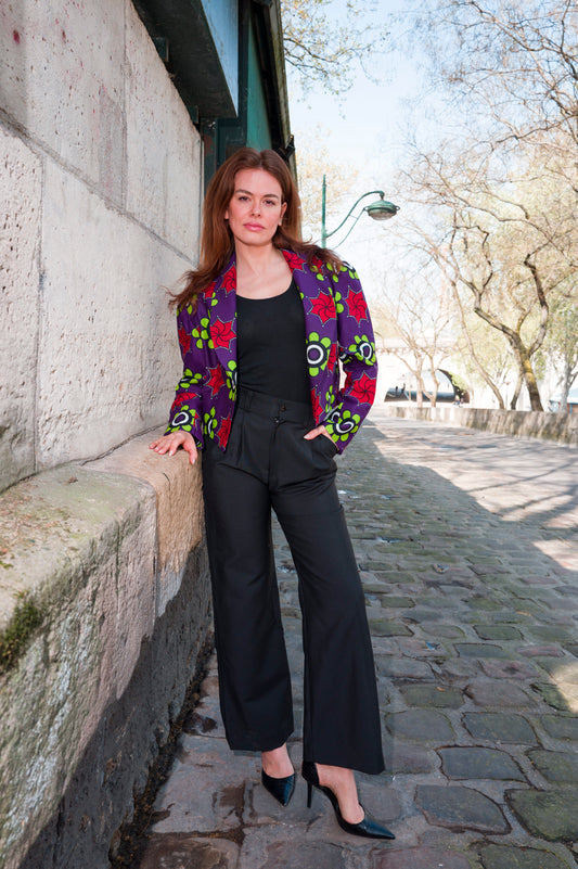 Zambarau, a rich colored jacket and its black trouser